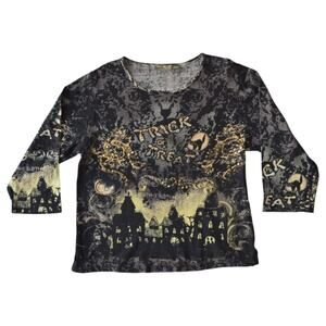 Jane Ashley Halloween Trick or Treat Tee XL | Y2K Sequined Haunted House Shirt